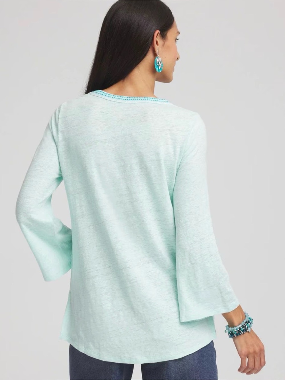Chicos Linen Embroidered V-Neck 3/4 Sleeves Coastal Ocean Blue Tunic Top Size XL - Picture 2 of 8